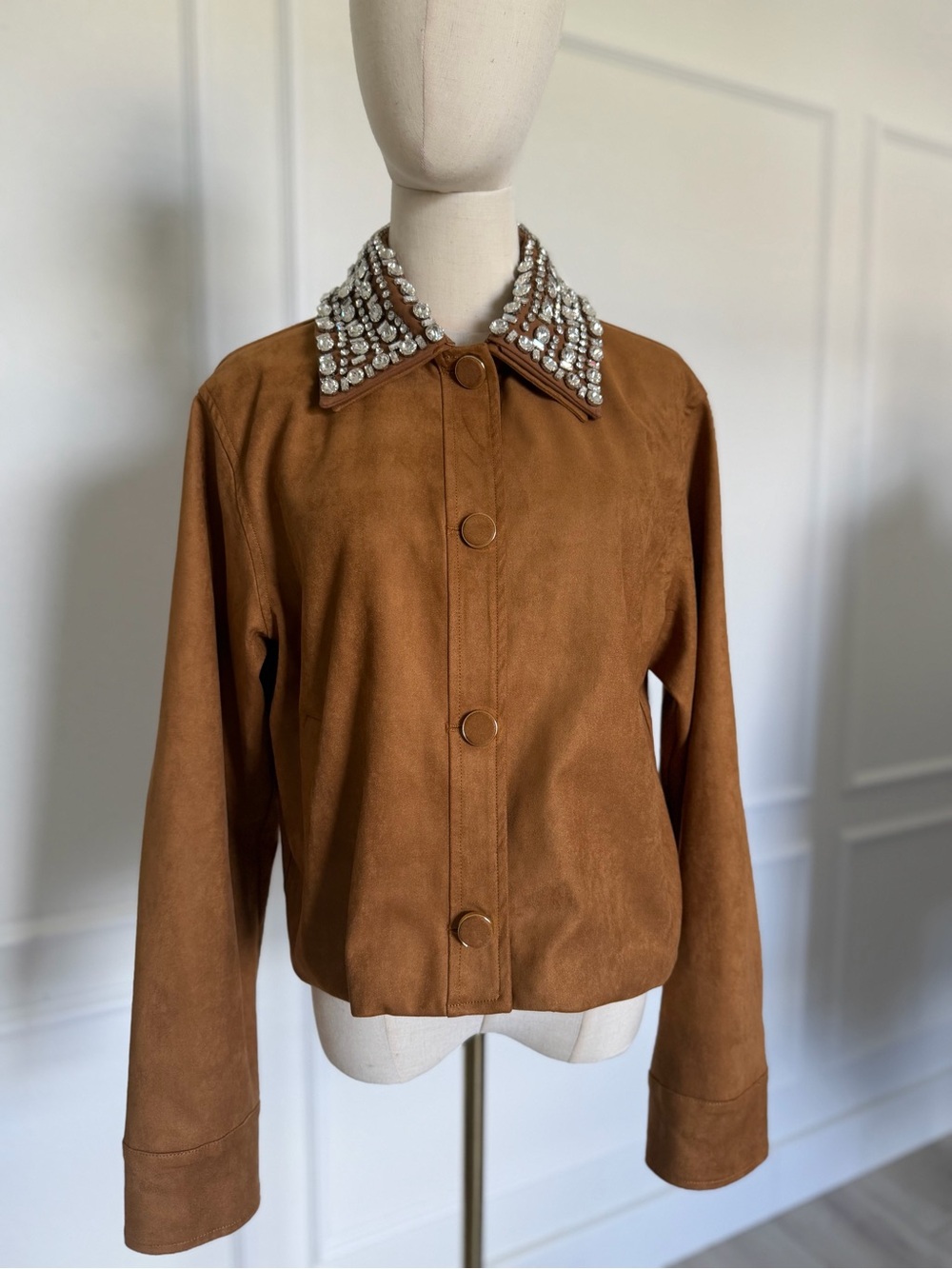 Jeweled Collar Suede Jacket in Brown - Women